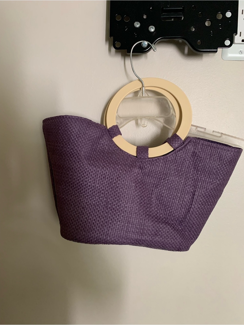 Purple Woven Tote with Cream Round Handles. Size Wide 14” x Height 9”